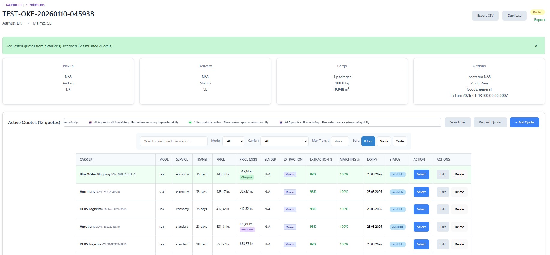 FRCM freight quotation comparison dashboard